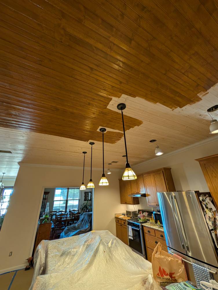 Kitchen beadboard ceiling, stain going on