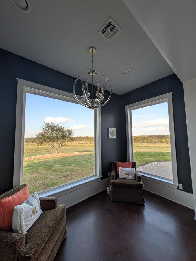 Navy walls, white trim and a new chandelier