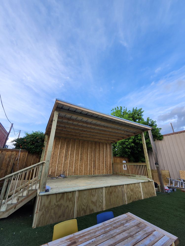Stage framed and roofed